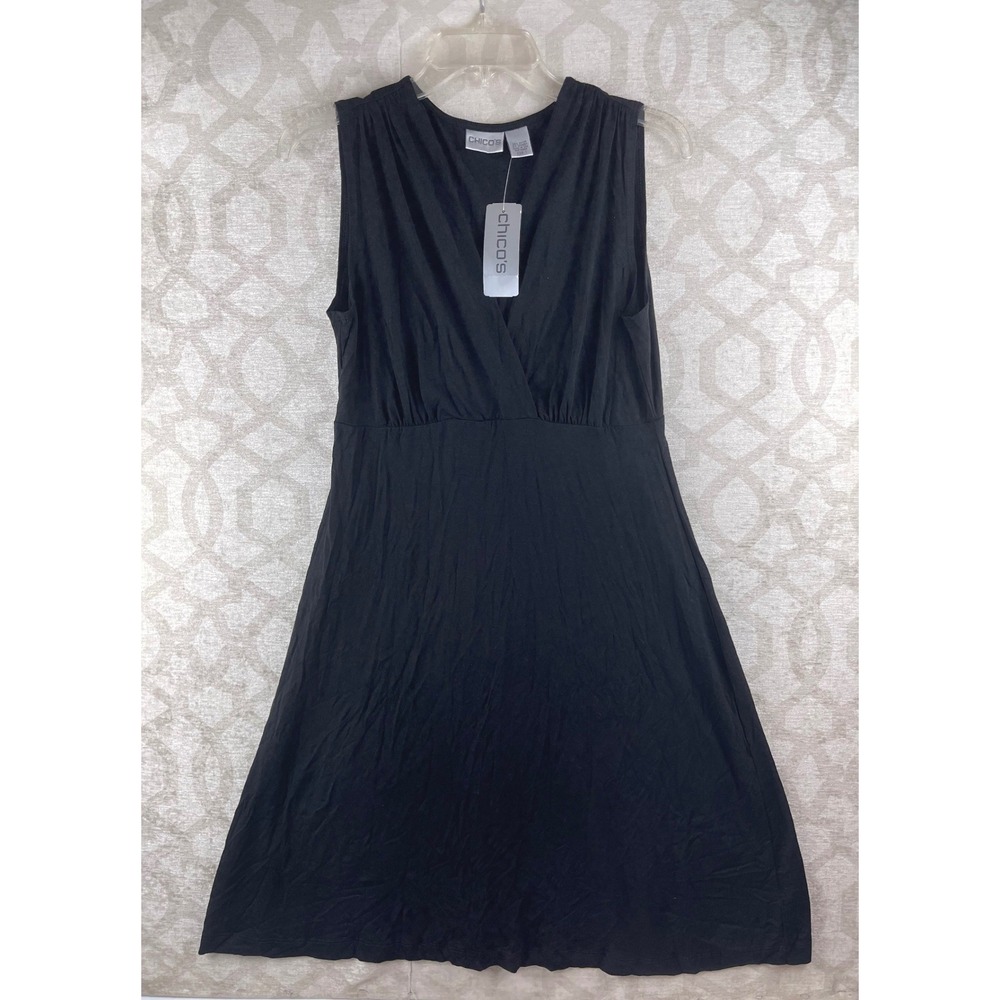 Chico's Mesh Trim Dress Women 1 M Black NWT Surplice Empire Waist Rayon Stretch